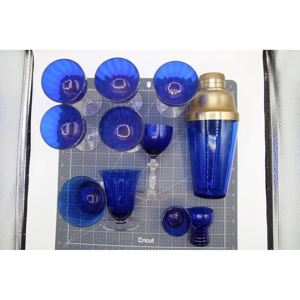 Vintage Cobalt Blue Glass Cocktail Shaker Set with 10 Glasses Gold tone Lid